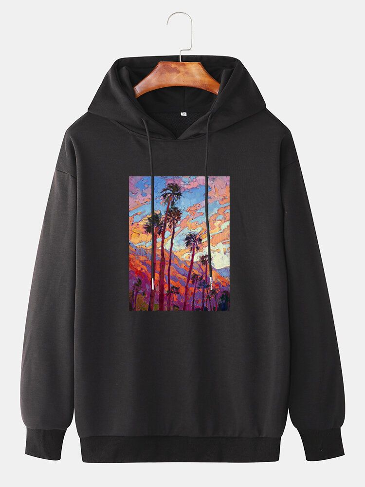 Sudaderas Con Capucha De Hombros Caídas De Algodón Gráfico Con Pintura De Árbol De Coco Para Hombre