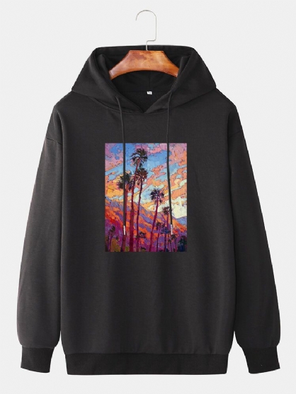 Sudaderas Con Capucha De Hombros Caídas De Algodón Gráfico Con Pintura De Árbol De Coco Para Hombre