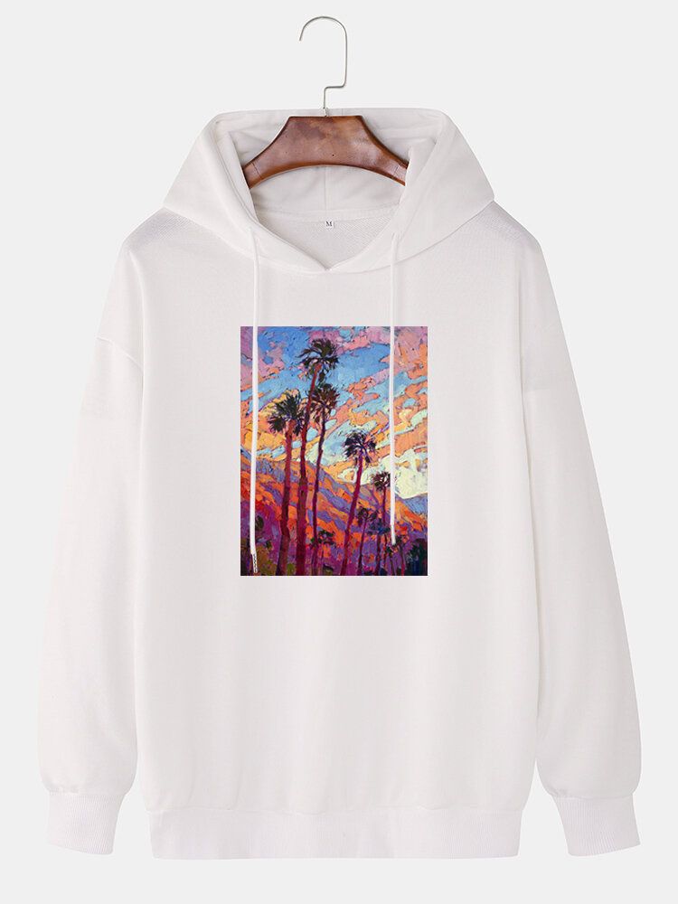 Sudaderas Con Capucha De Hombros Caídas De Algodón Gráfico Con Pintura De Árbol De Coco Para Hombre