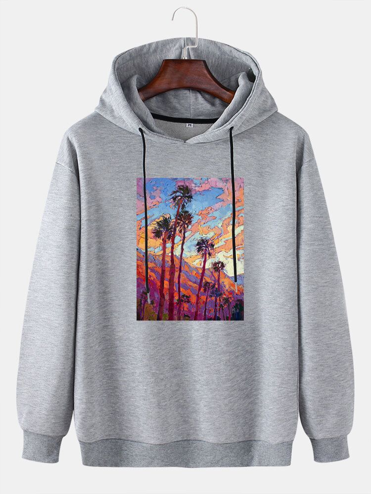 Sudaderas Con Capucha De Hombros Caídas De Algodón Gráfico Con Pintura De Árbol De Coco Para Hombre