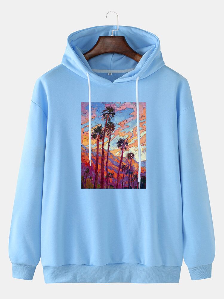 Sudaderas Con Capucha De Hombros Caídas De Algodón Gráfico Con Pintura De Árbol De Coco Para Hombre