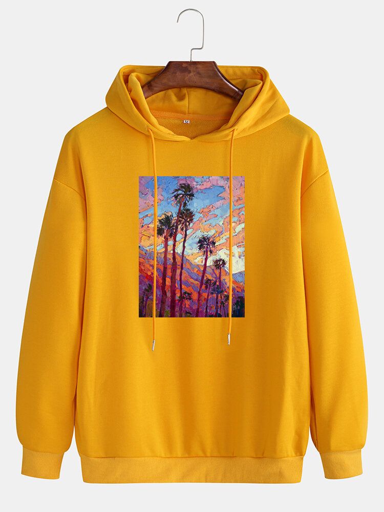 Sudaderas Con Capucha De Hombros Caídas De Algodón Gráfico Con Pintura De Árbol De Coco Para Hombre