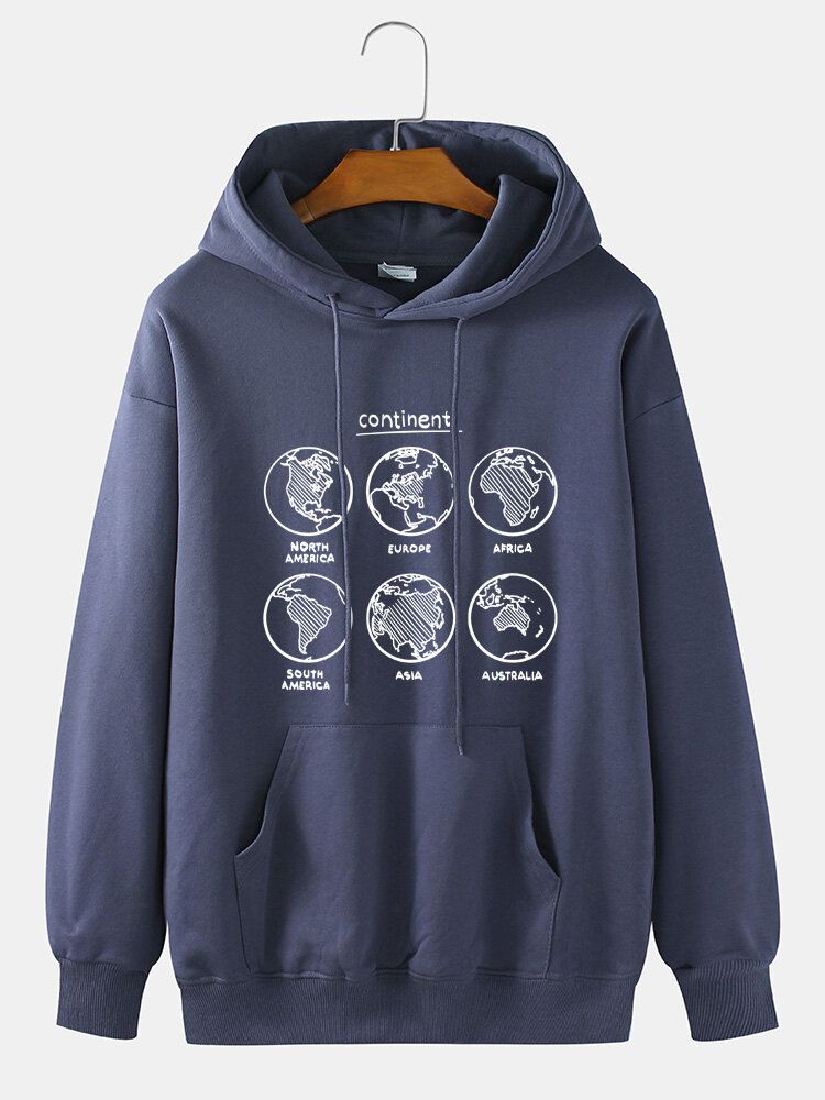 Sudaderas Con Capucha De Hombros Caídas Con Bolsillo De Canguro Con Estampado De Mapa 100% Algodón Para Hombre