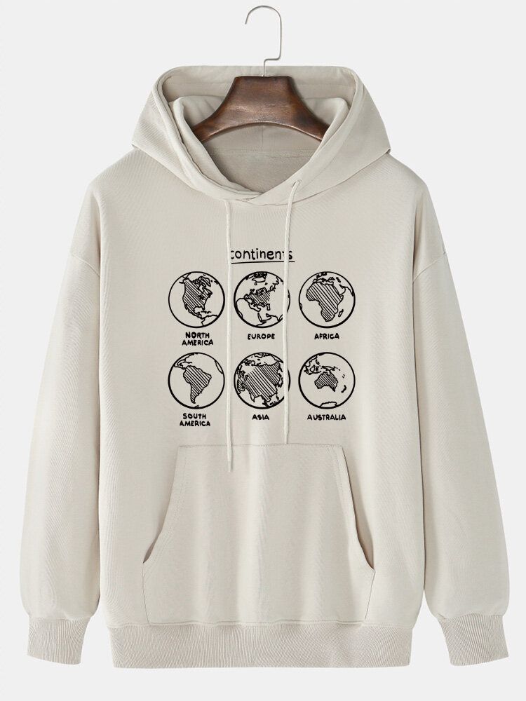 Sudaderas Con Capucha De Hombros Caídas Con Bolsillo De Canguro Con Estampado De Mapa 100% Algodón Para Hombre