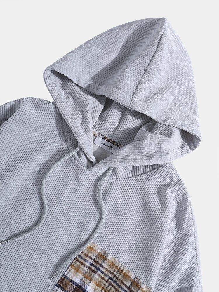 Sudaderas Con Capucha De Hombros Caídas De Pana De Retazos A Cuadros Para Hombre Con Bolsillo