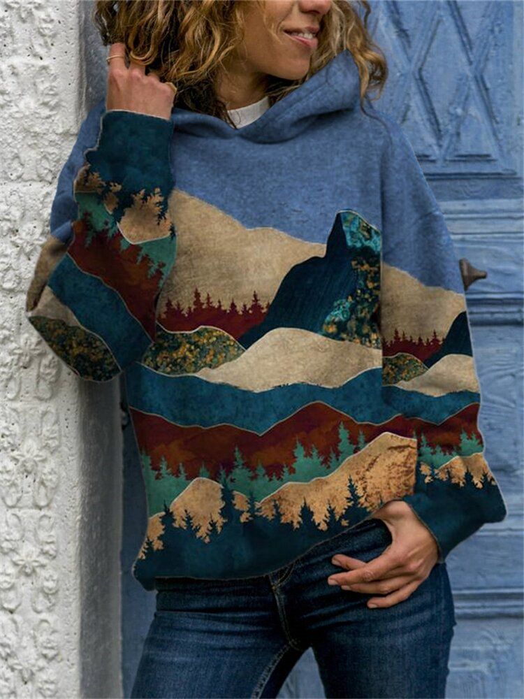 Sudaderas Con Capucha Informales Con Hombros Caídos Y Estampado De Paisaje Para Mujer