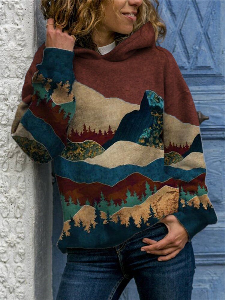 Sudaderas Con Capucha Informales Con Hombros Caídos Y Estampado De Paisaje Para Mujer