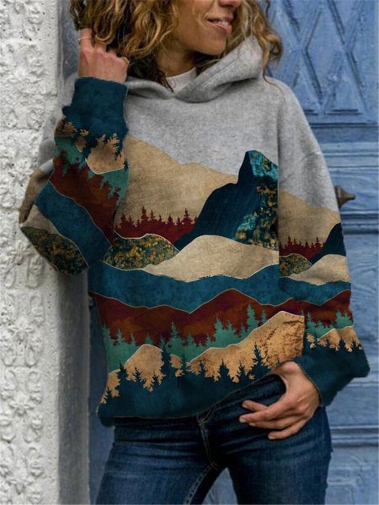 Sudaderas Con Capucha Informales Con Hombros Caídos Y Estampado De Paisaje Para Mujer