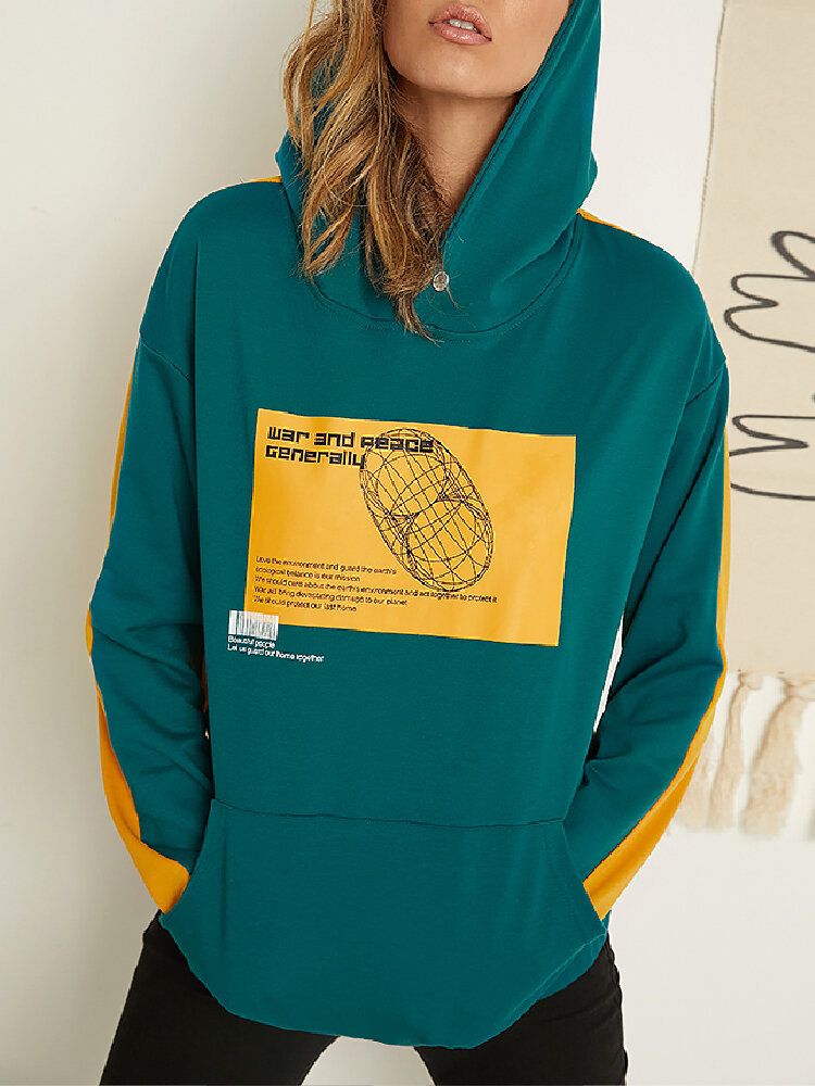 Sudaderas Con Capucha Informales Con Hombros Caídos Y Retazos De Contraste Gráfico Con Letras Para Mujer