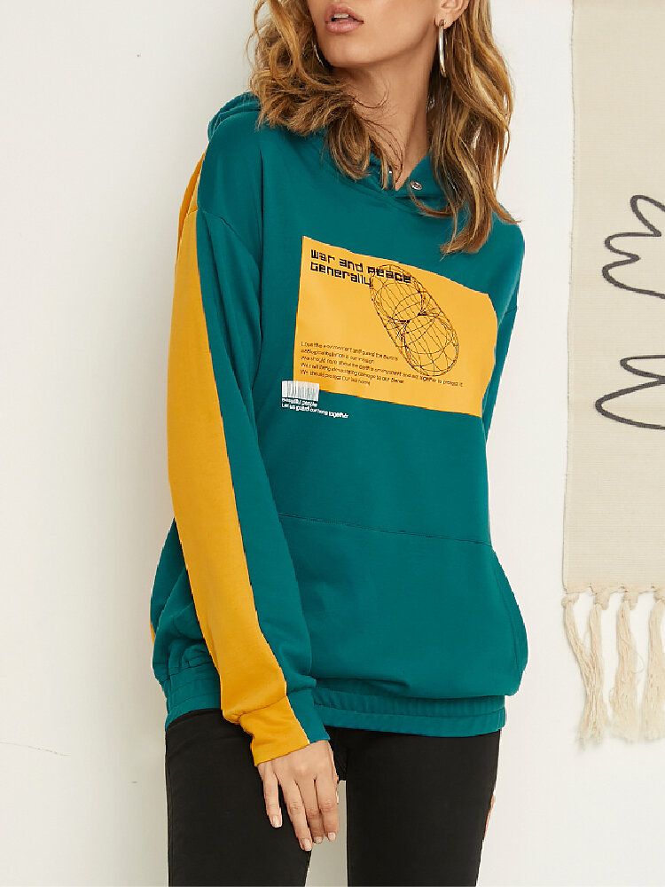 Sudaderas Con Capucha Informales Con Hombros Caídos Y Retazos De Contraste Gráfico Con Letras Para Mujer