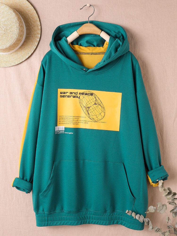 Sudaderas Con Capucha Informales Con Hombros Caídos Y Retazos De Contraste Gráfico Con Letras Para Mujer