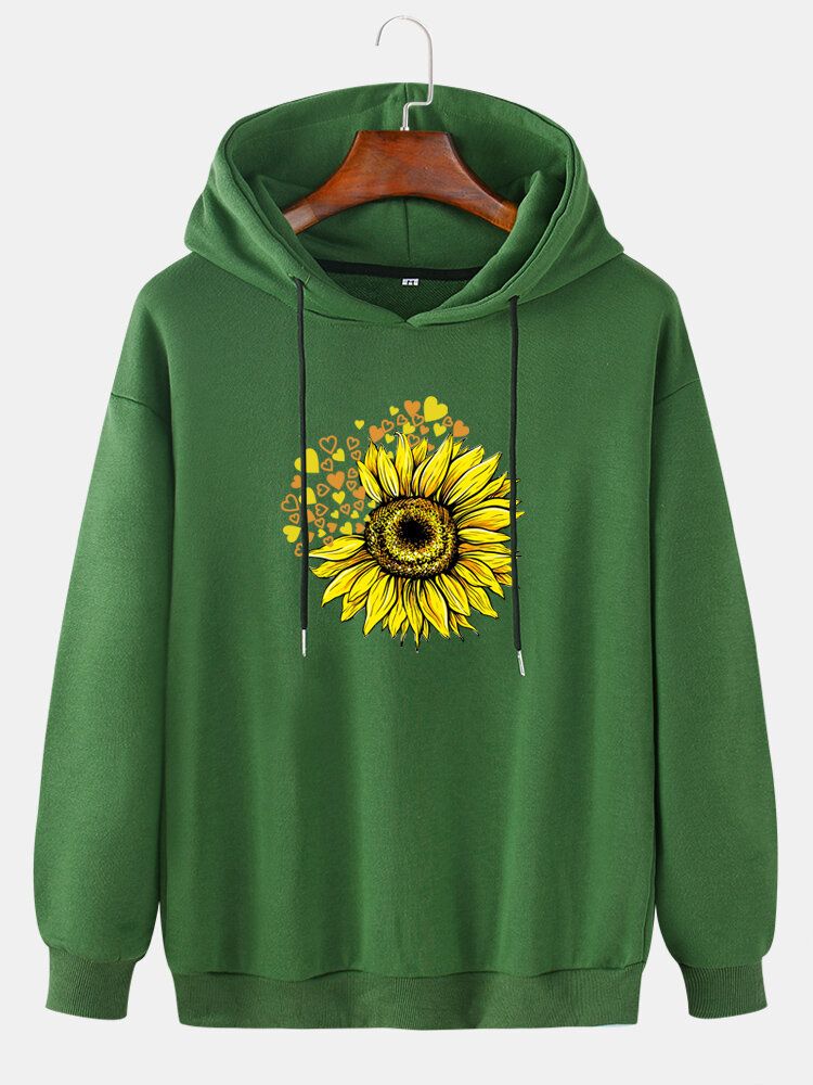 Sudaderas Con Capucha Informales De Manga Larga De Algodón Con Hombros Caídos Y Estampado De Girasol Para Hombre