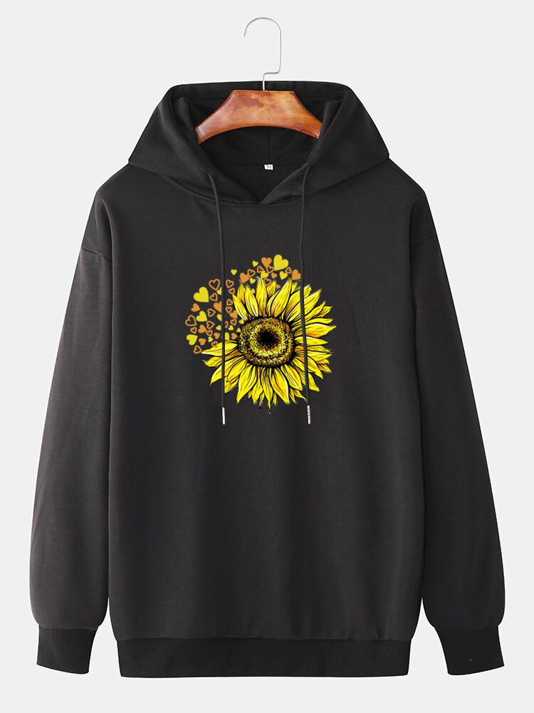 Sudaderas Con Capucha Informales De Manga Larga De Algodón Con Hombros Caídos Y Estampado De Girasol Para Hombre