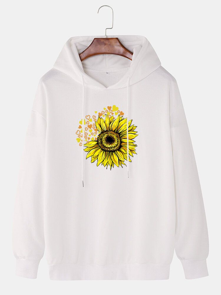 Sudaderas Con Capucha Informales De Manga Larga De Algodón Con Hombros Caídos Y Estampado De Girasol Para Hombre