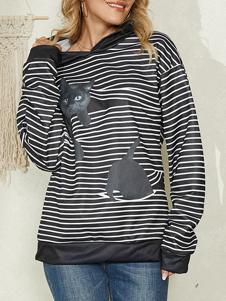 Sudaderas Con Capucha Informales De Manga Larga Con Estampado De Rayas De Gato De Dibujos Animados Para Mujer