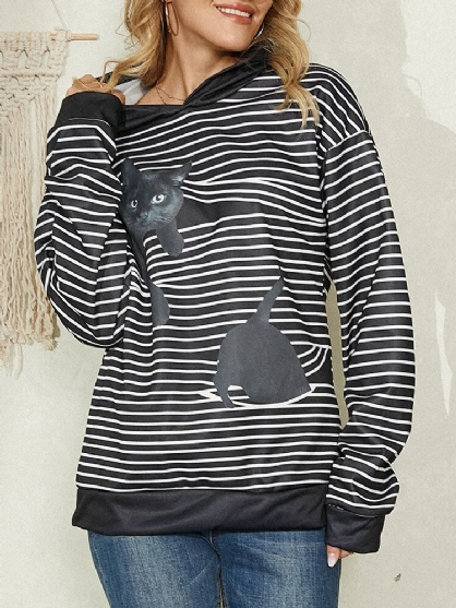 Sudaderas Con Capucha Informales De Manga Larga Con Estampado De Rayas De Gato De Dibujos Animados Para Mujer