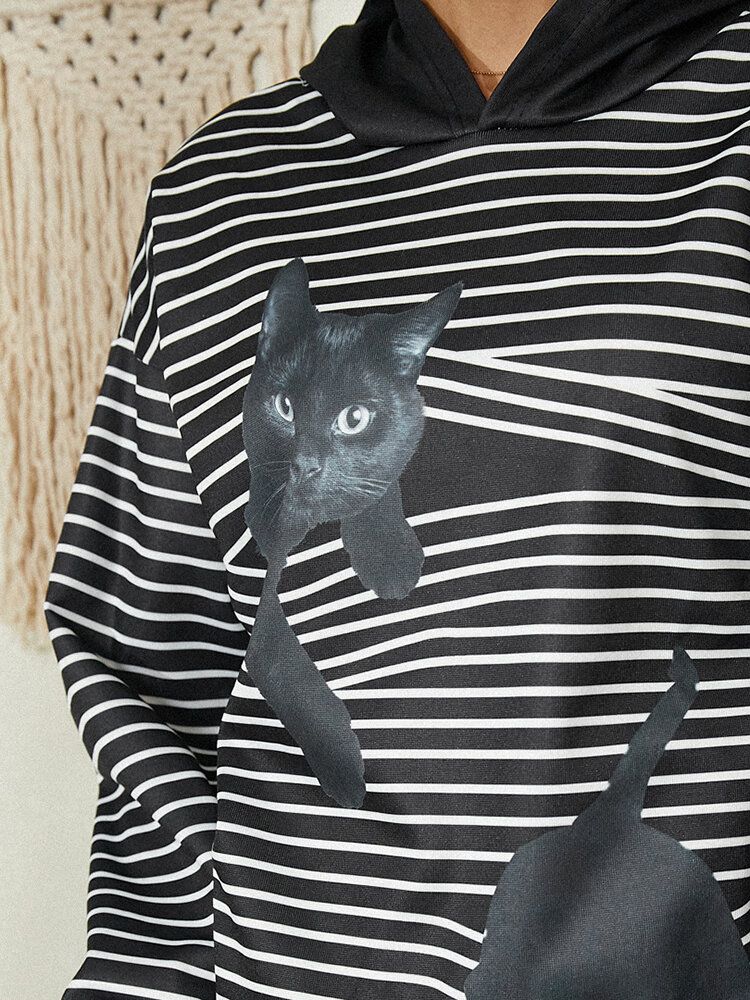 Sudaderas Con Capucha Informales De Manga Larga Con Estampado De Rayas De Gato De Dibujos Animados Para Mujer