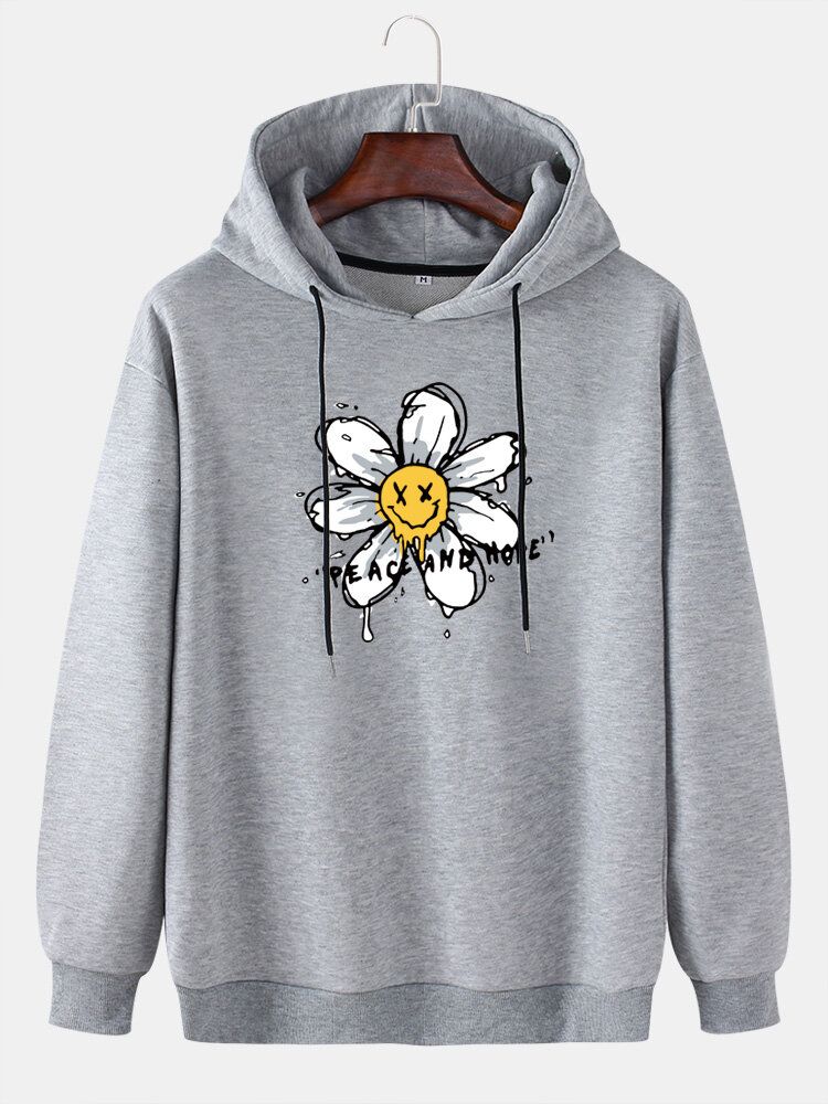 Sudaderas Con Capucha Informales De Manga Larga Con Hombros Caídos Y Estampado Floral Y Letras Fnuuy Para Hombre