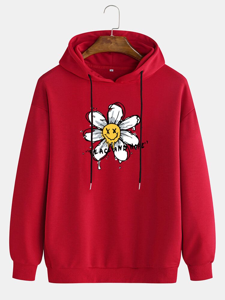 Sudaderas Con Capucha Informales De Manga Larga Con Hombros Caídos Y Estampado Floral Y Letras Fnuuy Para Hombre