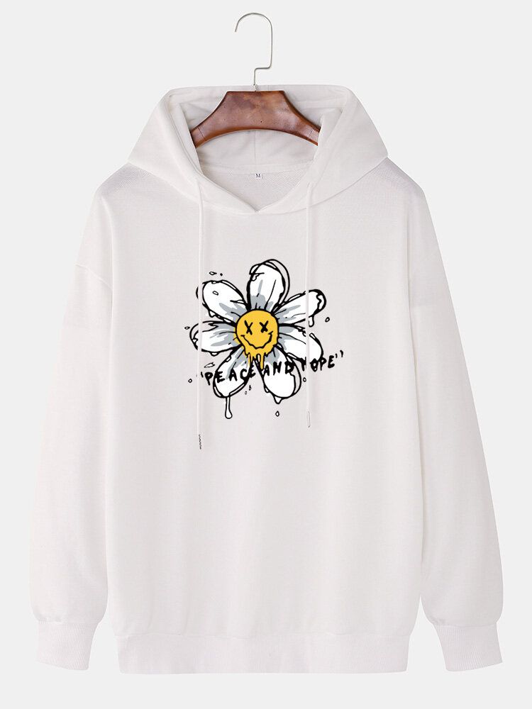 Sudaderas Con Capucha Informales De Manga Larga Con Hombros Caídos Y Estampado Floral Y Letras Fnuuy Para Hombre