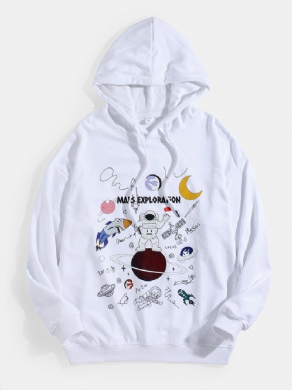 Sudaderas Con Capucha Lindas De Algodón Con Hombros Caídos Y Estampado De Planeta Astronauta De Dibujos Animados Para Hombre