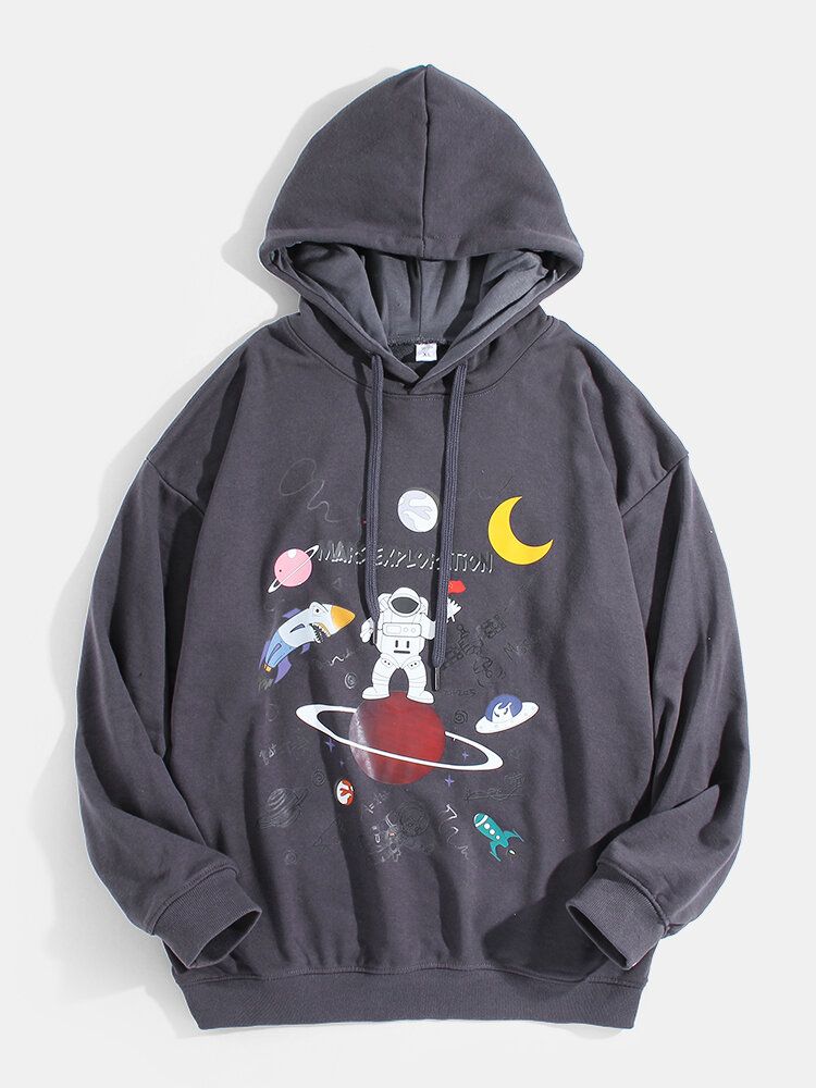 Sudaderas Con Capucha Lindas De Algodón Con Hombros Caídos Y Estampado De Planeta Astronauta De Dibujos Animados Para Hombre