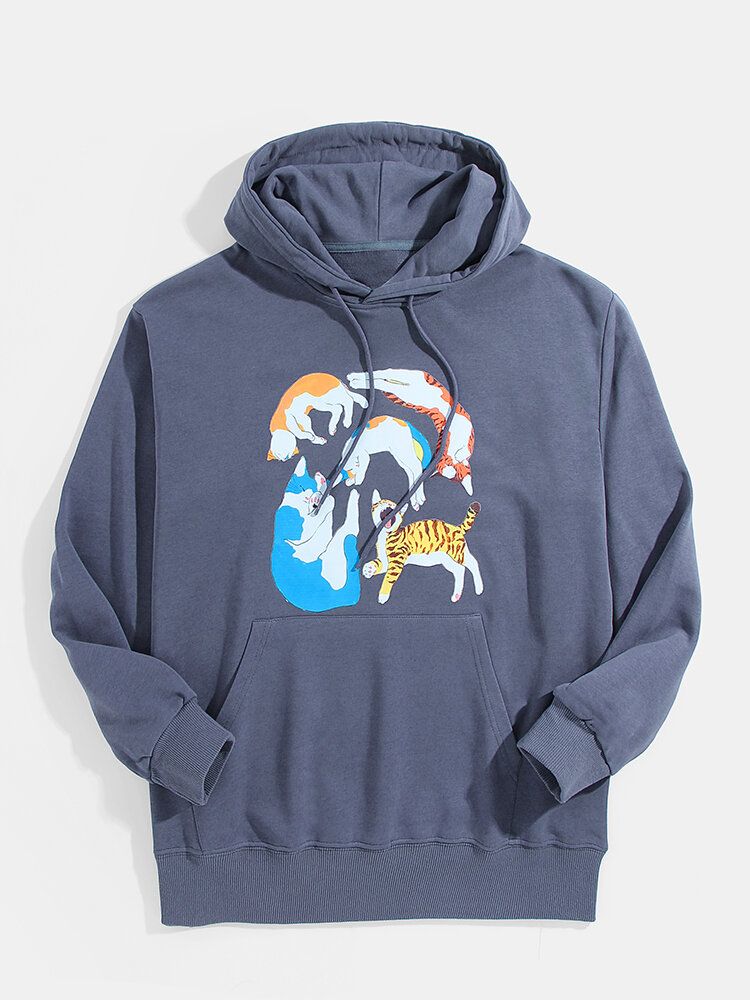 Sudaderas Con Capucha Lindas Con Cordón De Bolsillo De Canguro De Manga Larga Con Estampado De Gato De Dibujos Animados Para Hombre