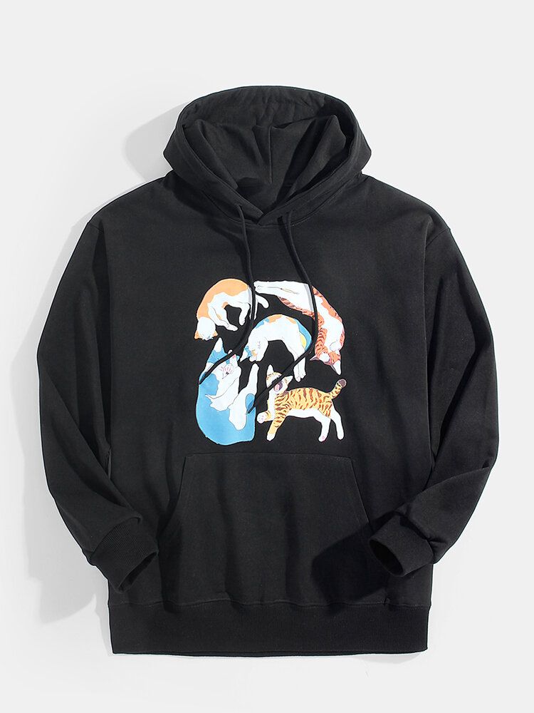 Sudaderas Con Capucha Lindas Con Cordón De Bolsillo De Canguro De Manga Larga Con Estampado De Gato De Dibujos Animados Para Hombre