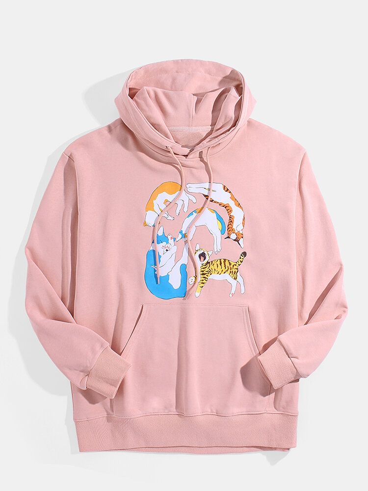 Sudaderas Con Capucha Lindas Con Cordón De Bolsillo De Canguro De Manga Larga Con Estampado De Gato De Dibujos Animados Para Hombre