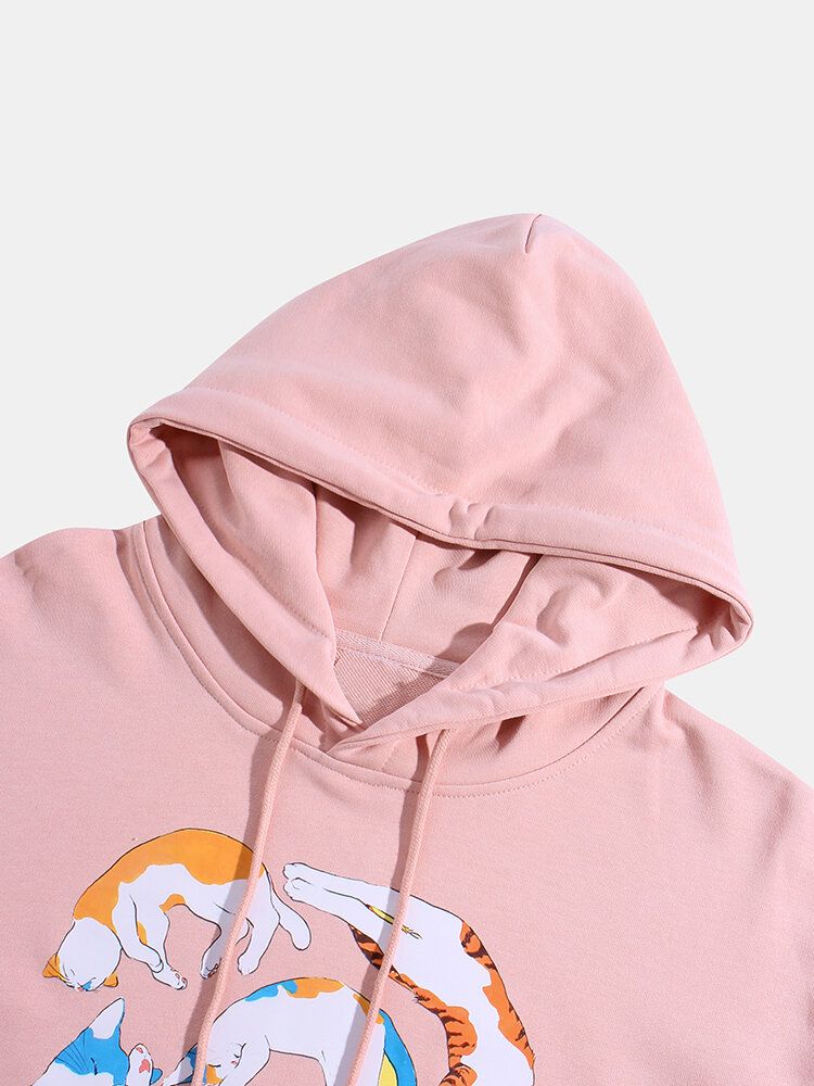 Sudaderas Con Capucha Lindas Con Cordón De Bolsillo De Canguro De Manga Larga Con Estampado De Gato De Dibujos Animados Para Hombre