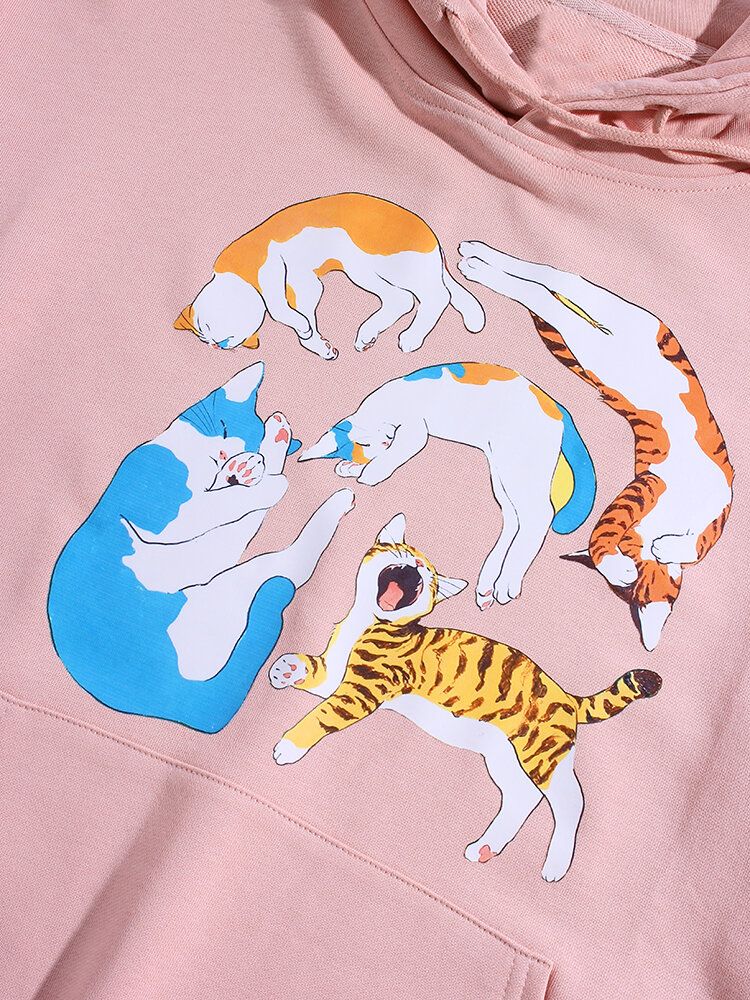 Sudaderas Con Capucha Lindas Con Cordón De Bolsillo De Canguro De Manga Larga Con Estampado De Gato De Dibujos Animados Para Hombre