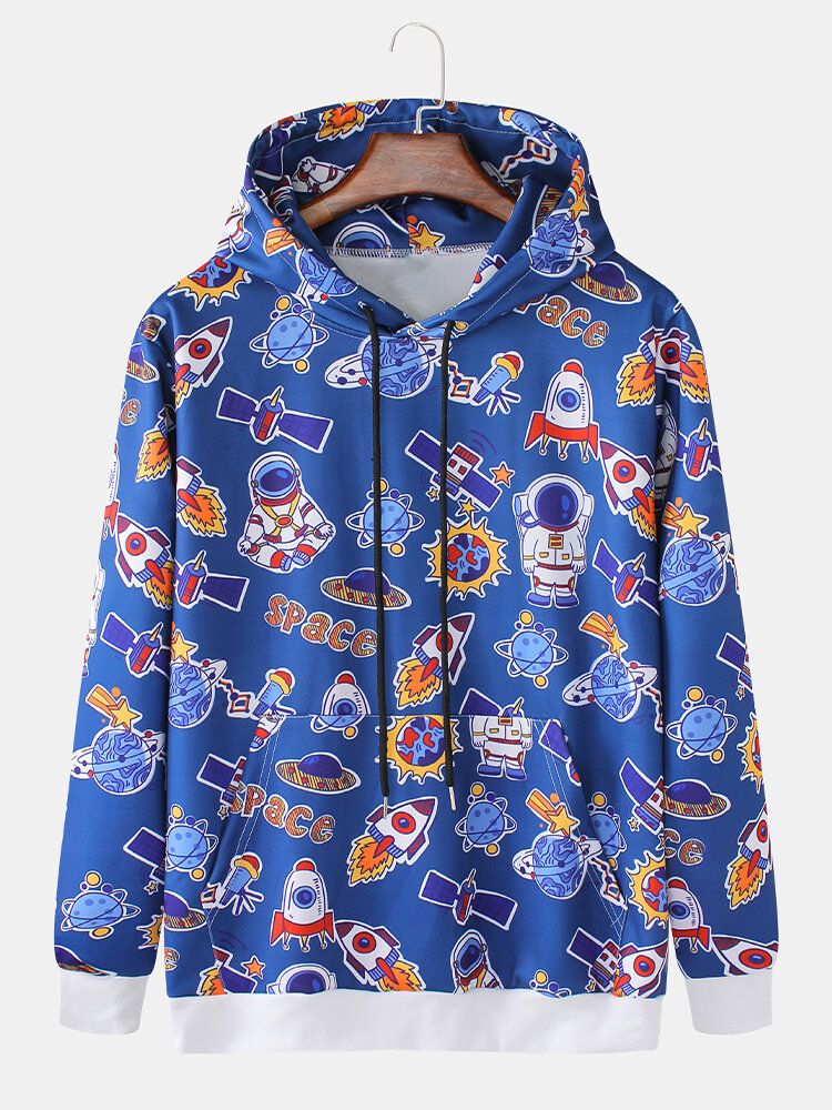 Sudaderas Con Capucha Lindas De Manga Larga Con Estampado De Planeta Astronauta De Dibujos Animados Para Hombre Con Bolsillo De Canguro