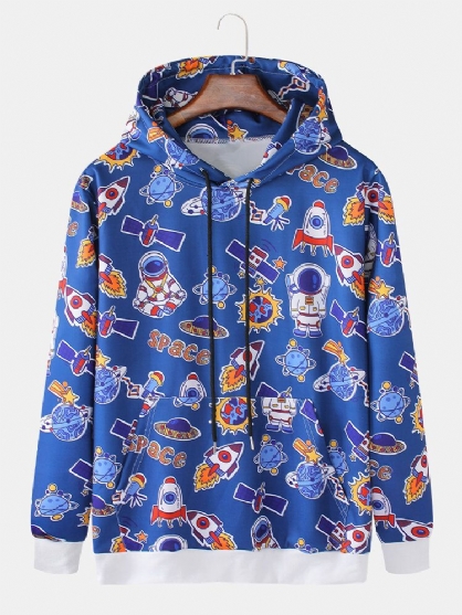 Sudaderas Con Capucha Lindas De Manga Larga Con Estampado De Planeta Astronauta De Dibujos Animados Para Hombre Con Bolsillo De Canguro