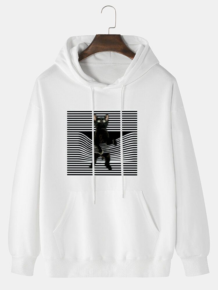 Sudaderas Con Capucha Lindas De Manga Larga Con Hombros Caídos Y Estampado De Gato De Dibujos Animados Para Hombre