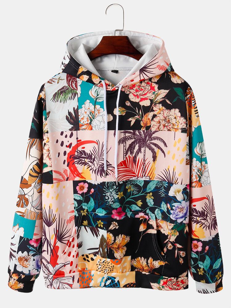 Sudaderas Con Capucha De Manga Larga Con Bloques De Color Y Estampado Floral Para Hombre Con Bolsillo