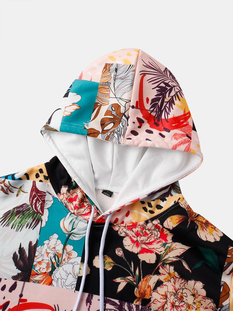 Sudaderas Con Capucha De Manga Larga Con Bloques De Color Y Estampado Floral Para Hombre Con Bolsillo