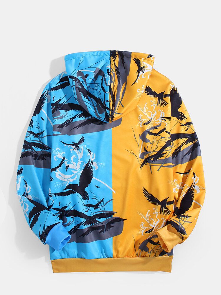 Sudaderas Con Capucha De Manga Larga Con Bloques De Color Y Estampado De Pájaros Para Hombre Con Bolsillo De Canguro