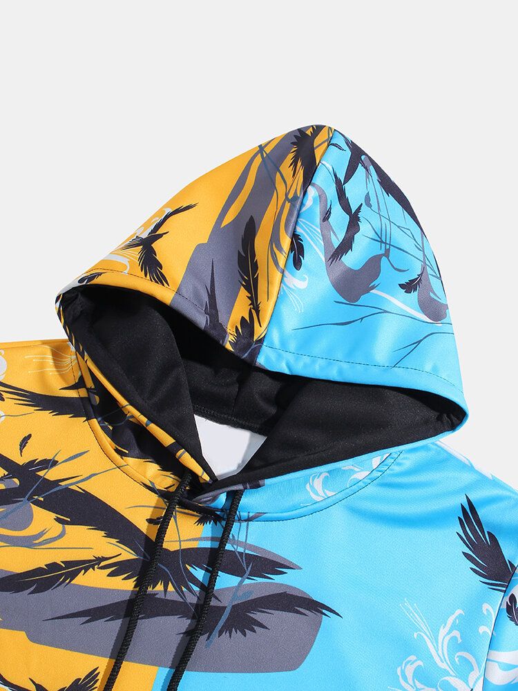 Sudaderas Con Capucha De Manga Larga Con Bloques De Color Y Estampado De Pájaros Para Hombre Con Bolsillo De Canguro