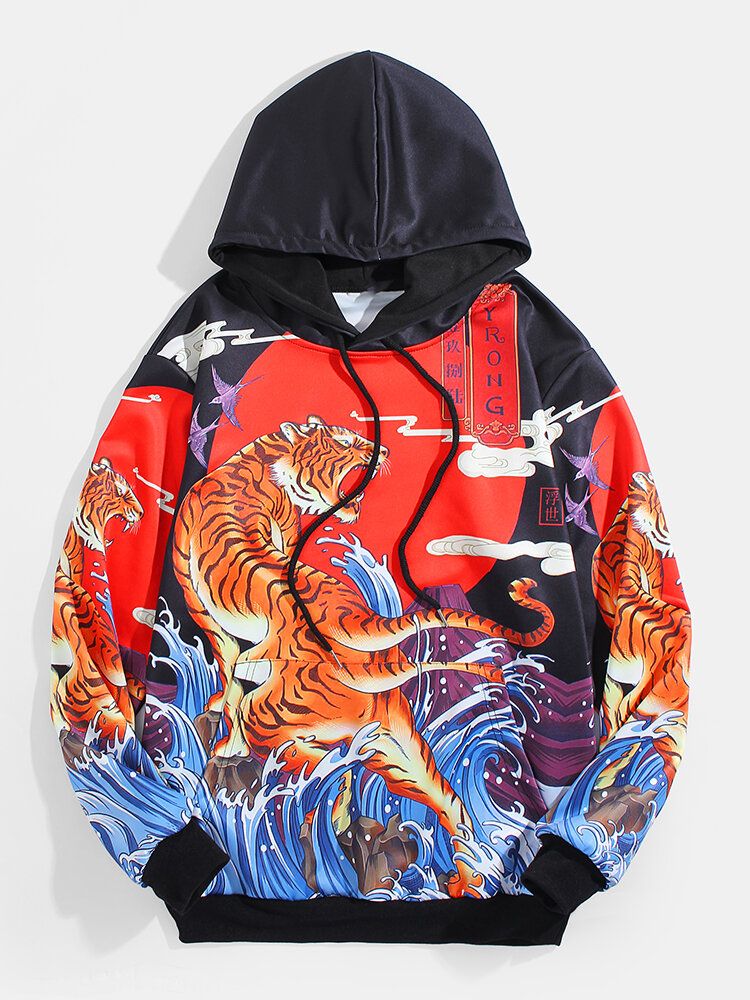 Sudaderas Con Capucha De Manga Larga Con Bolsillo De Canguro Con Estampado De Escena De Olas Y Tigre Para Hombre