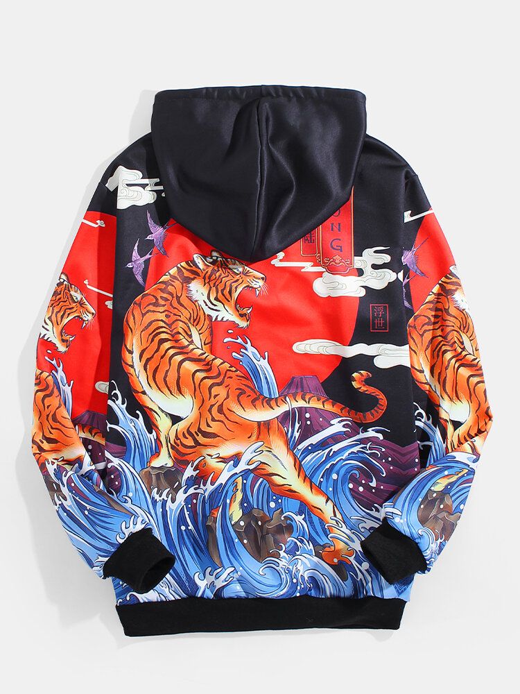 Sudaderas Con Capucha De Manga Larga Con Bolsillo De Canguro Con Estampado De Escena De Olas Y Tigre Para Hombre