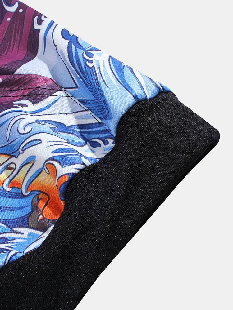 Sudaderas Con Capucha De Manga Larga Con Bolsillo De Canguro Con Estampado De Escena De Olas Y Tigre Para Hombre