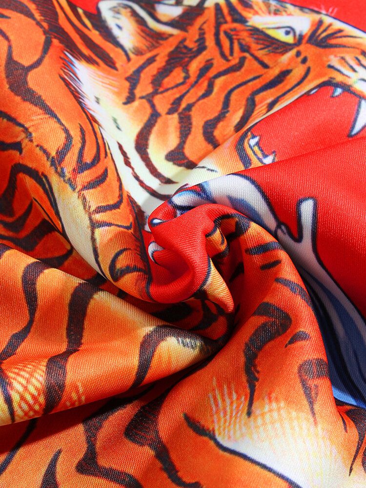 Sudaderas Con Capucha De Manga Larga Con Bolsillo De Canguro Con Estampado De Escena De Olas Y Tigre Para Hombre