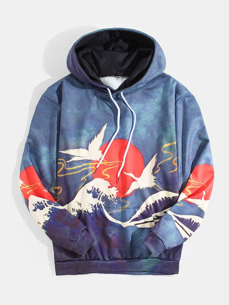 Sudaderas Con Capucha De Manga Larga Con Bolsillo De Canguro Con Patrón De Paisaje De Estilo Ukiyoe Para Hombre