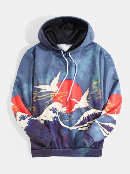 Sudaderas Con Capucha De Manga Larga Con Bolsillo De Canguro Con Patrón De Paisaje De Estilo Ukiyoe Para Hombre