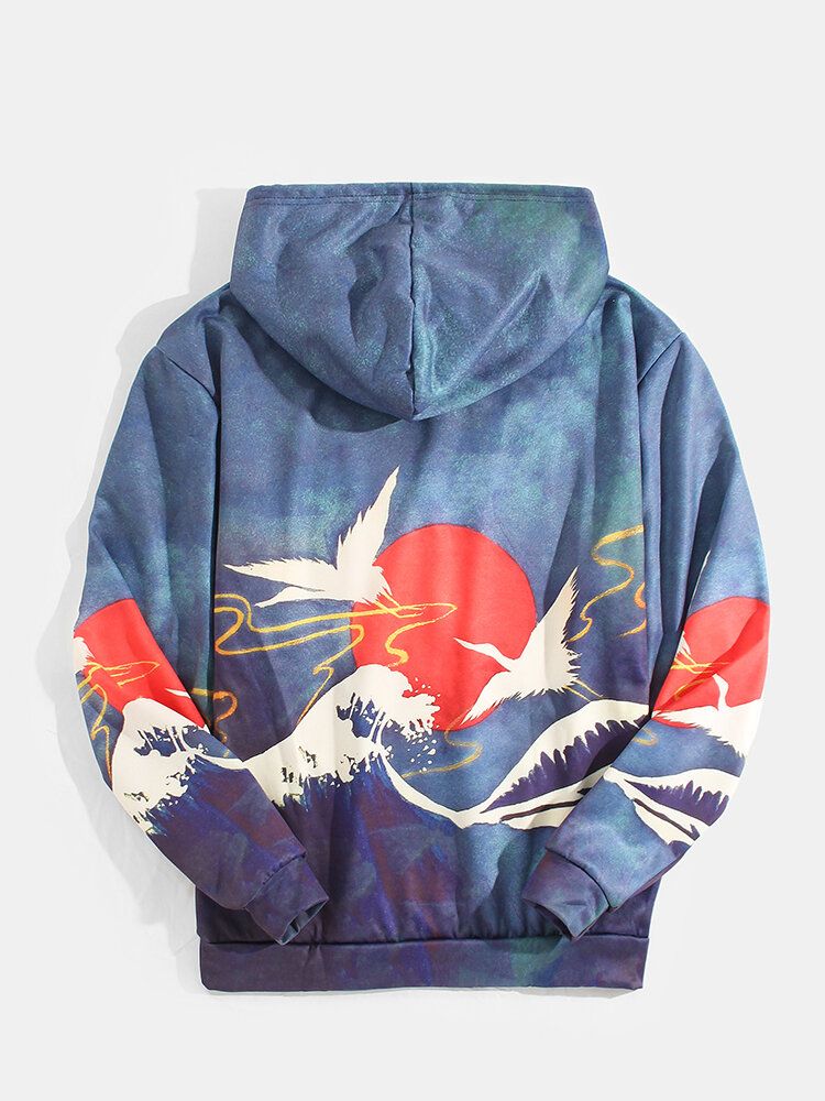 Sudaderas Con Capucha De Manga Larga Con Bolsillo De Canguro Con Patrón De Paisaje De Estilo Ukiyoe Para Hombre