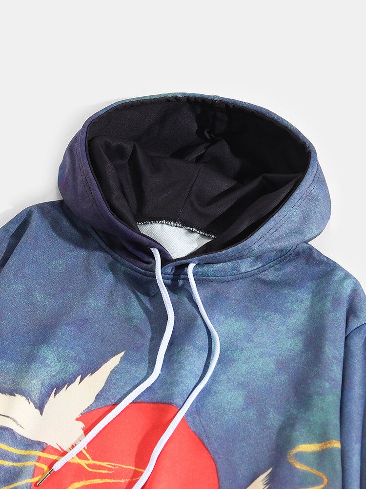 Sudaderas Con Capucha De Manga Larga Con Bolsillo De Canguro Con Patrón De Paisaje De Estilo Ukiyoe Para Hombre