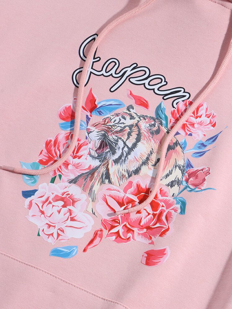 Sudaderas Con Capucha De Manga Larga Con Bolsillo De Canguro Simple Con Estampado Floral Y Tigre Para Hombre