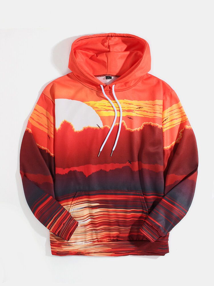 Sudaderas Con Capucha De Manga Larga Con Bolsillo Con Estampado Sunset Lake Landscape Para Hombre