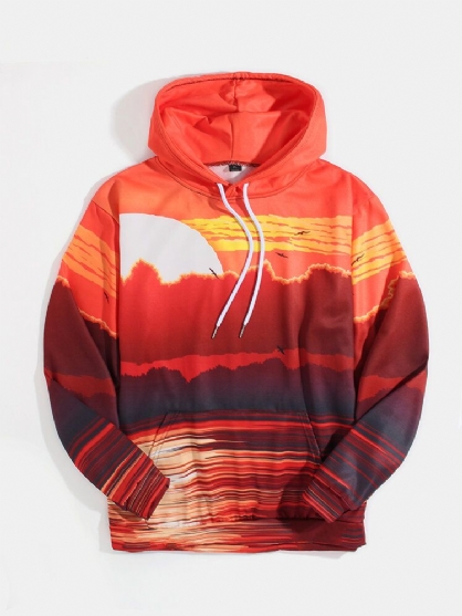 Sudaderas Con Capucha De Manga Larga Con Bolsillo Con Estampado Sunset Lake Landscape Para Hombre