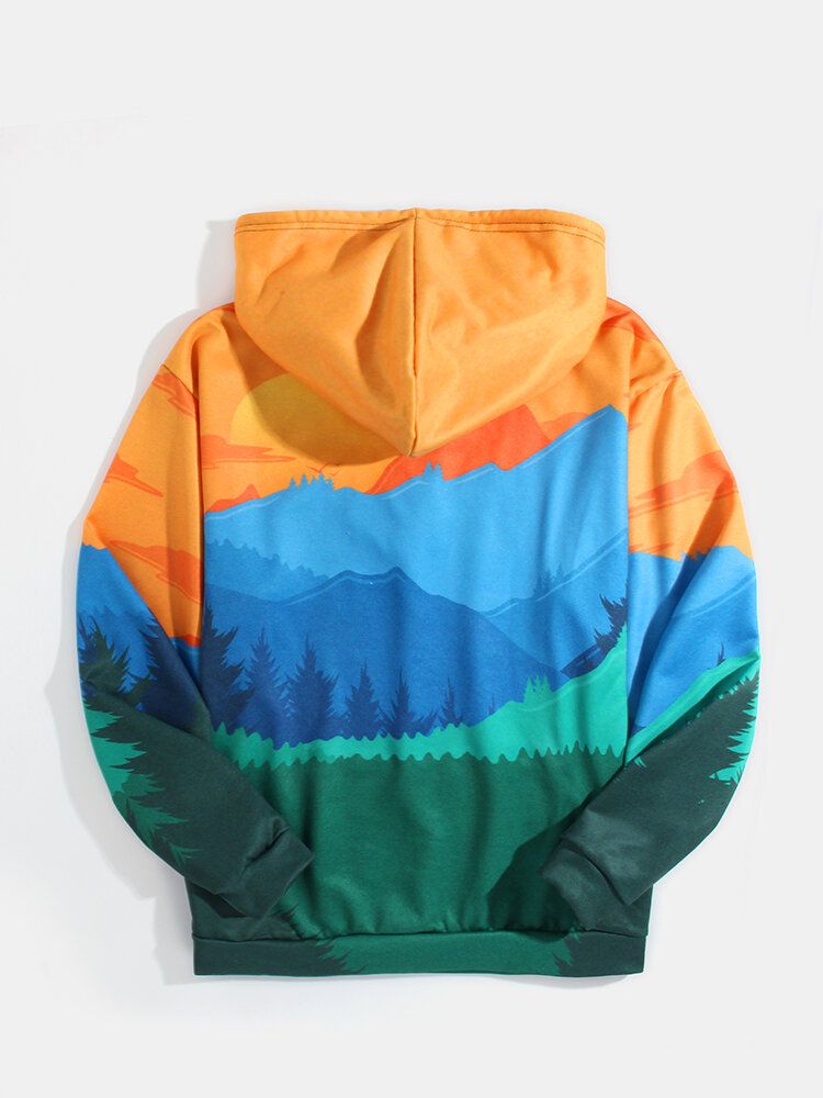 Sudaderas Con Capucha De Manga Larga Con Bolsillo Con Estampado Sunset Lake Landscape Para Hombre